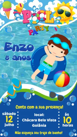 Convite Animado Aniversário Pool Party Menino para Editar