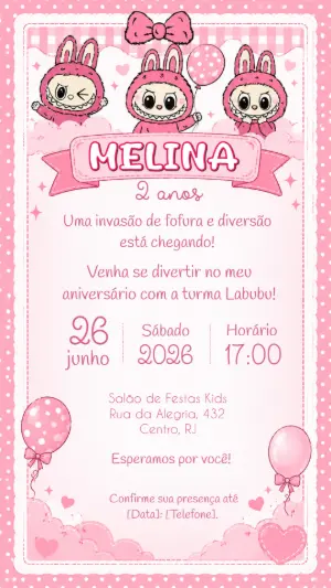 Convite de Aniversário Labubu Rosa para Menina Editável