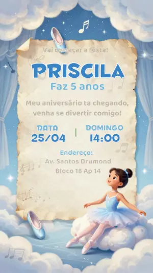 Convite de Aniversário Bailarina Sonhadora Modelo Editável