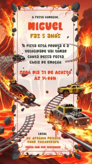 Convite Aniversário Carros e Vulcão para Editar Online