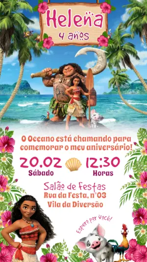 Convite de Aniversário Moana Tropical para Editar Online