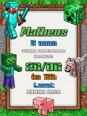 Convite de Aniversário Minecraft Pixelado para Editar
