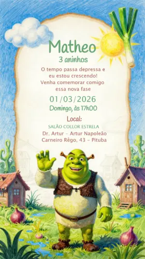 Convite Animado Aniversário Shrek Ilustrado para Editar