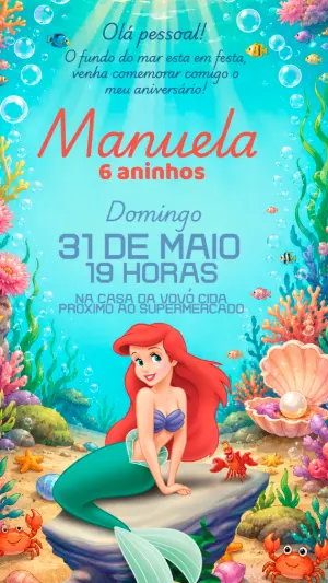 Convite de Aniversário Pequena Sereia Ariel Editável