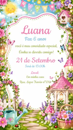 Convite de Aniversário Jardim Encantado Florido para Editar