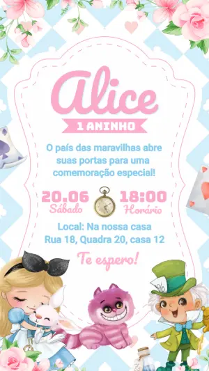 Convite de Aniversário Alice no País das Maravilhas Editável