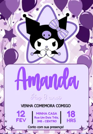 Convite de Aniversário Kuromi Roxo e Lilás para Editar