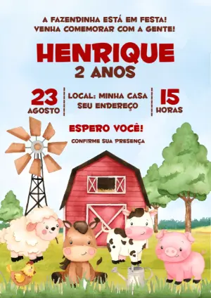 Convite de Aniversário Fazendinha com Animais para Editar