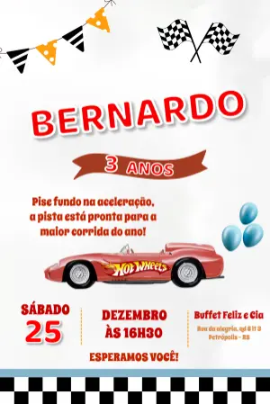 Convite de Aniversário Hot Wheels Carro de Corrida Editável