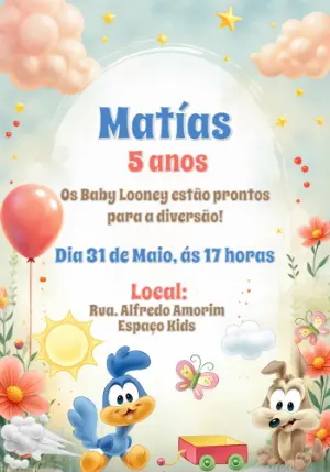 Convite de Aniversário Baby Looney Tunes para Editar Online