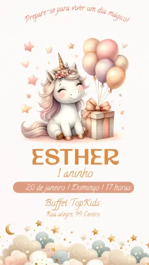 Convite de Aniversário Unicórnio Fofo em Tons Pastéis para Editar