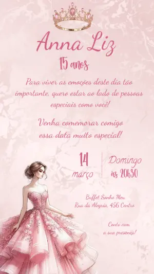 Convite de 15 Anos Princesa Rosa Elegante para Editar