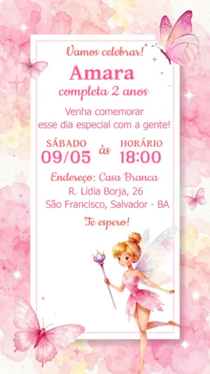 Convite de Aniversário Fada e Borboletas Rosa para Editar
