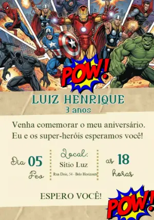 Convite de Aniversário Vingadores estilo quadrinhos para editar