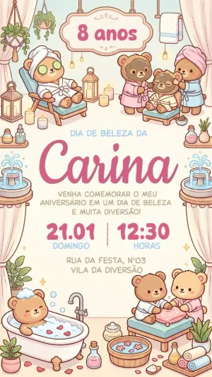 Convite de Aniversário Infantil Spa de Ursinhas Editável
