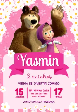 Convite de Aniversário Masha e o Urso Rosa Editável