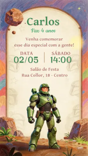 Convite de Aniversário Guerreiro Espacial Ilustrado para Editar