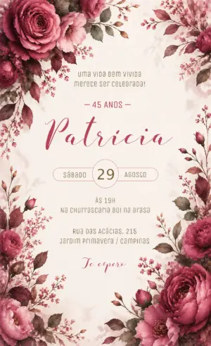Convite de Aniversário Adulto Floral Rosa Editável