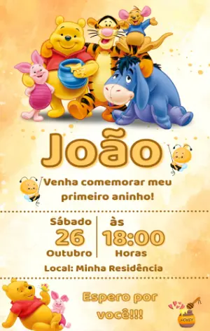 Convite de Aniversário Ursinho Pooh com Pote de Mel para Editar