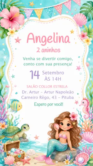 Convite de Aniversário Sereia Aquarela para Editar