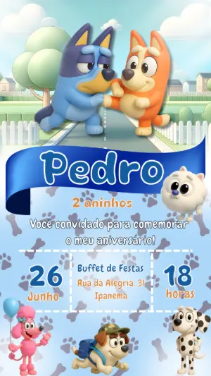 Convite de Aniversário Bluey e Bingo para Editar Online