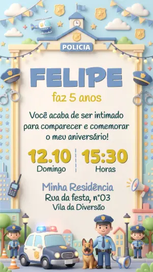 Convite de Aniversário Policial Infantil 3D para Editar
