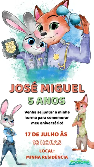 Convite de Aniversário Zootopia Aquarela para Editar
