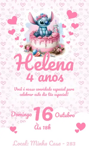 Convite de Aniversário Stitch Rosa Delicado para Editar