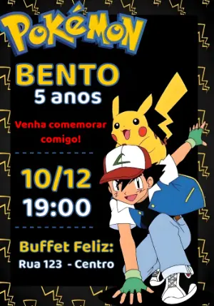 Convite de Aniversário Pokémon com Ash e Pikachu para Editar