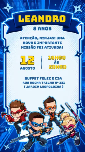 Convite de Aniversário Ninja Kidz Editável