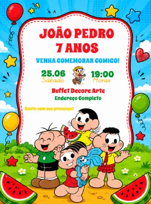 Convite de Aniversário Turma da Mônica Colorido para Editar