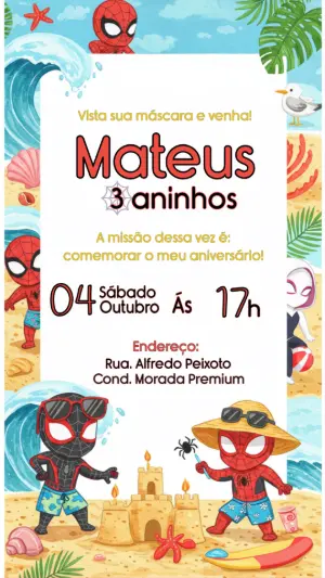 Convite Aniversário Homem Aranha Praia Editável para Imprimir