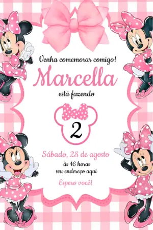 Convite Aniversário Minnie Rosa Editável para Imprimir
