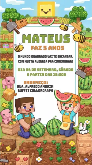 Convite Aniversário Minecraft Fazendinha para Editar Online