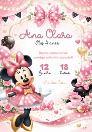 Convite Minnie Rosa Editável para Aniversário Infantil
