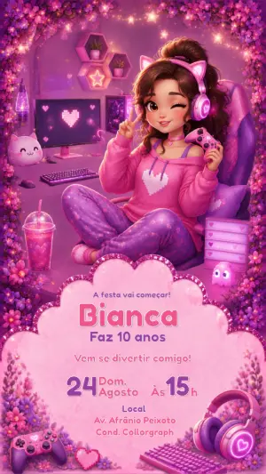 Convite de Aniversário Gamer Menina Rosa Editável