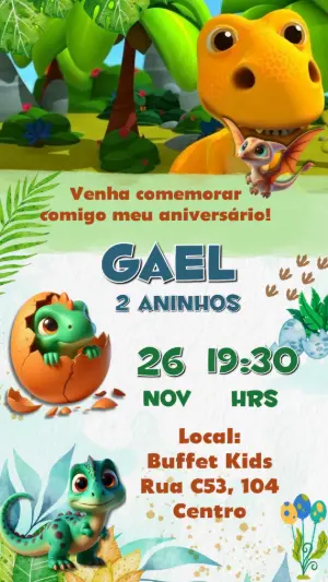 Convite Animado Aniversário Dinossauros Baby para Editar