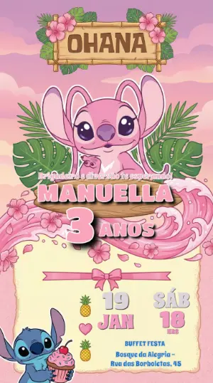 Convite Aniversário Angel e Stitch Rosa Tropical Editável