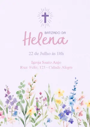 Convite de Batizado Menina Floral Lilás Aquarela para Editar