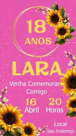 Convite de Aniversário 18 Anos Rosa com Girassol Editável