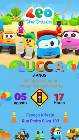 Convite de Aniversário Leo o Caminhão Colorido para Editar