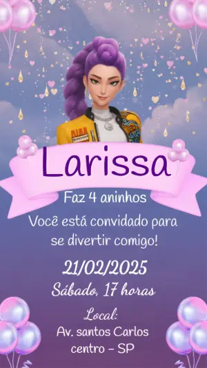 Convite de Aniversário Guerreiras do Kpop com Personagem Editável