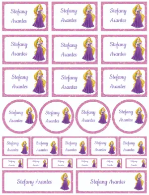 Etiquetas Escolares Rapunzel Roxo e Dourado para Editar