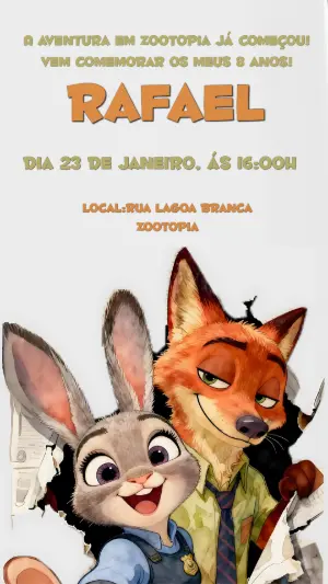 Convite de Aniversário Zootopia com Judy e Nick para Editar