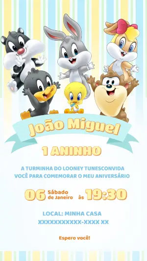 Convite Aniversário Baby Looney Tunes para Editar Online