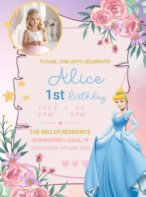 Editable Cinderella Princess Birthday Invitation Template with photo