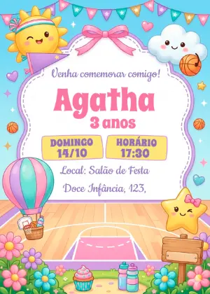 Convite Aniversário Basquete Menina Fofo para Editar