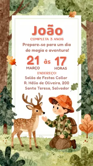 Convite Editável Aniversário Infantil Tema Floresta Aventura