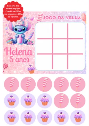 Lembrancinha Jogo da Velha Stitch Rosa Editável para Aniversário