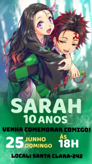 Convite de Aniversário Anime Demon Slayer Modelo Editável